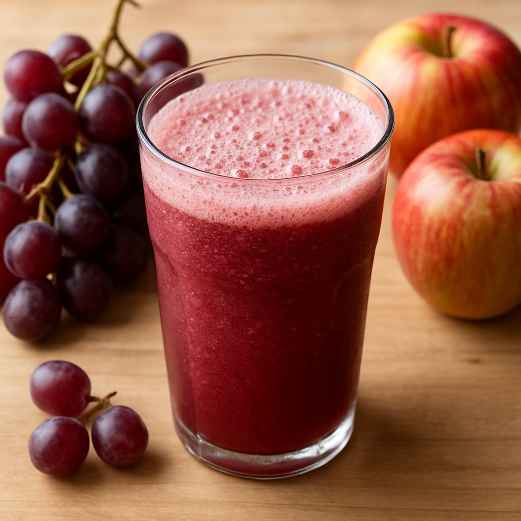 generate a nice cup of healthy fuzzy drink with grapes and apples in the background-1